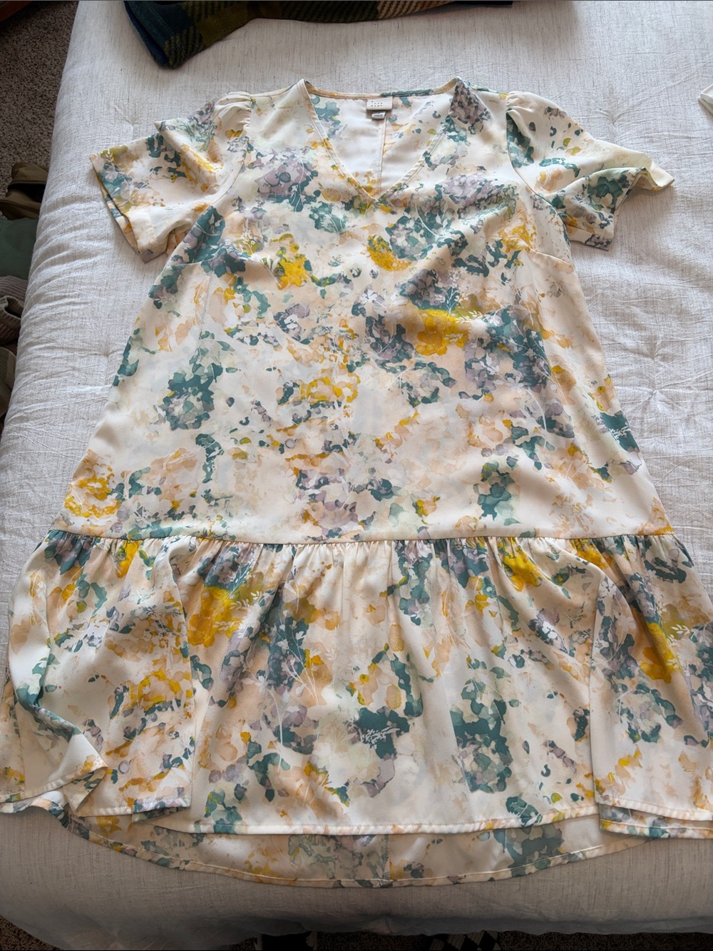a new day Floral V-Neck Ruffle-Hem Tunic Dress Top - Cream, Yellow, Teal